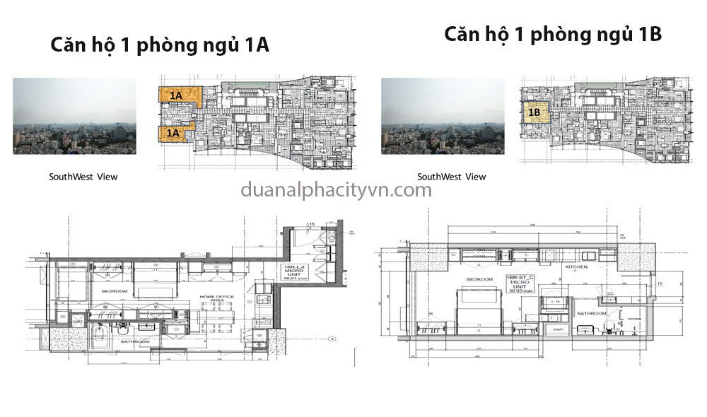 Thiết kế căn hộ 1 phòng ngủ 1A và 1B